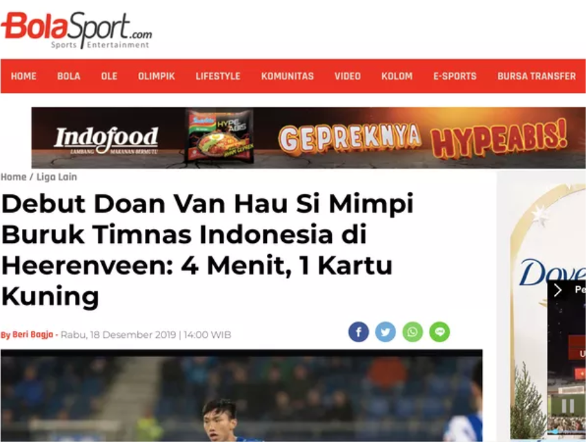 Tờ Bola Sport của Indonesia mỉa mai Đoàn Văn Hậu "ra mắt 4 phút, nhận 1 thẻ vàng"