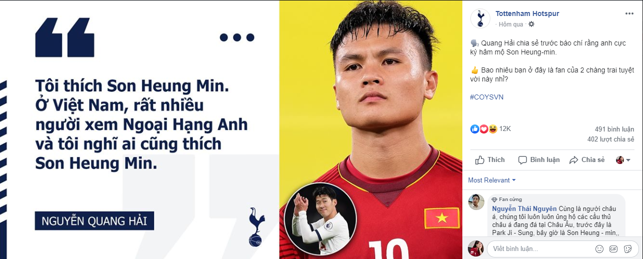 Tottenham thích thú khi Quang Hải hâm mộ Son Heung Min