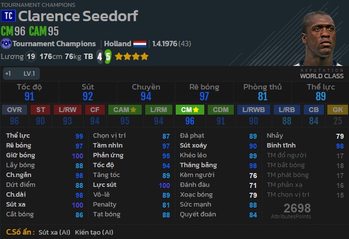 Chỉ số sức mạnh của Seedorf TC trong game FIFA Online 4.