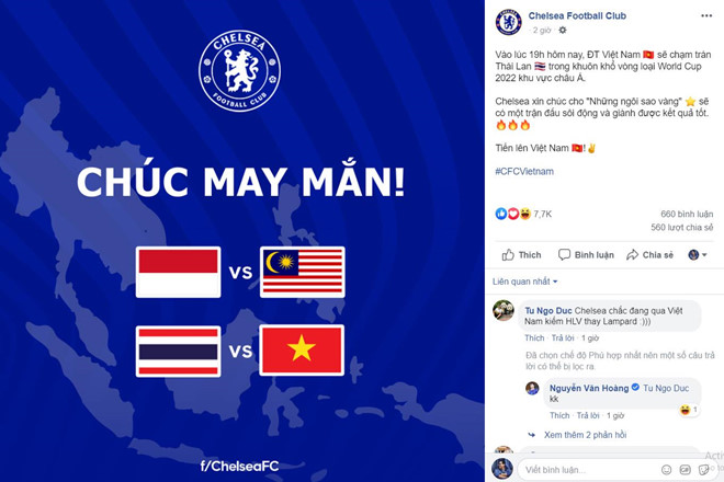 NÓNG: Chelsea gửi lời chúc ĐT Việt Nam đánh bại Thái Lan