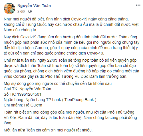 Văn Toàn kêu gọi cộng đồng chung tay đẩy lùi Covid-19