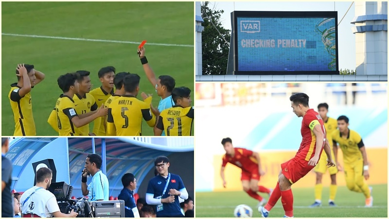 VAR đuổi cầu thủ vừa vào sân của U23 Malaysia, cho U23 Việt Nam hưởng penalty