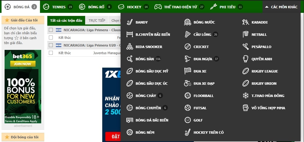 Các môn thể thao khác tại Livescore.in